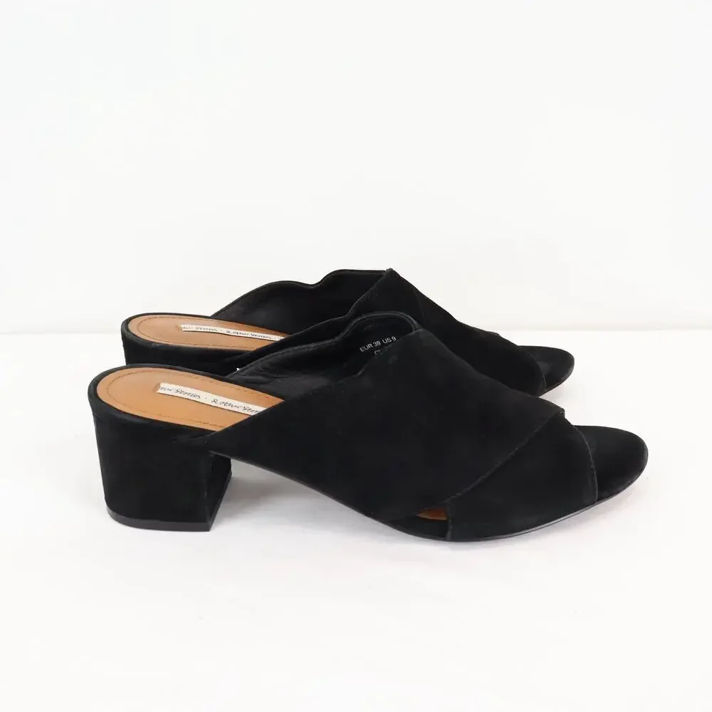 & Other Stories Black Suede Open Toe Block Heel Mule Size US 9 EUR 39